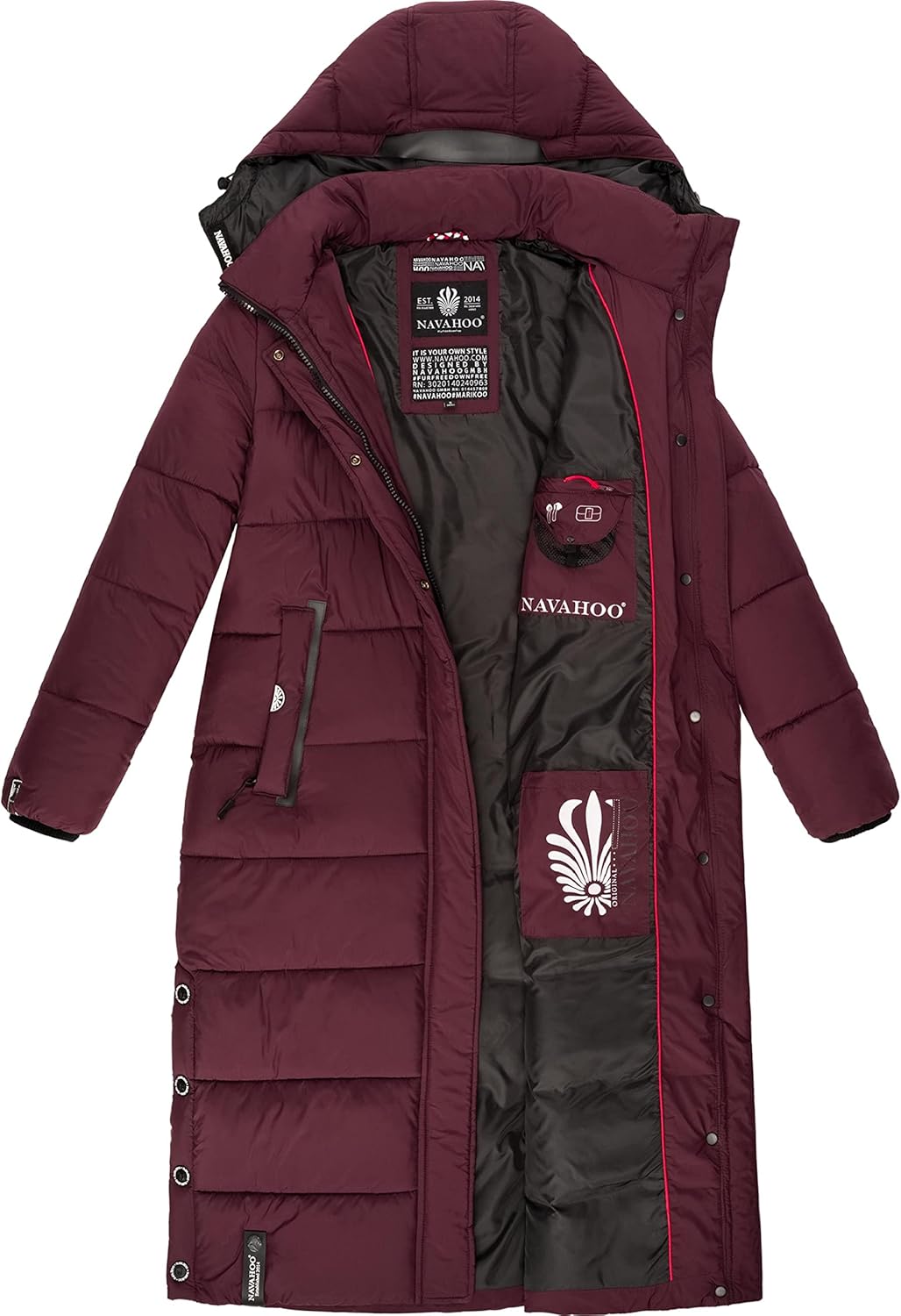 Navahoo Damen Wintermantel Warmer Steppmantel lang mit Abnehmbarer Kapuze Isalie XS-XXL L Wine, L Wi