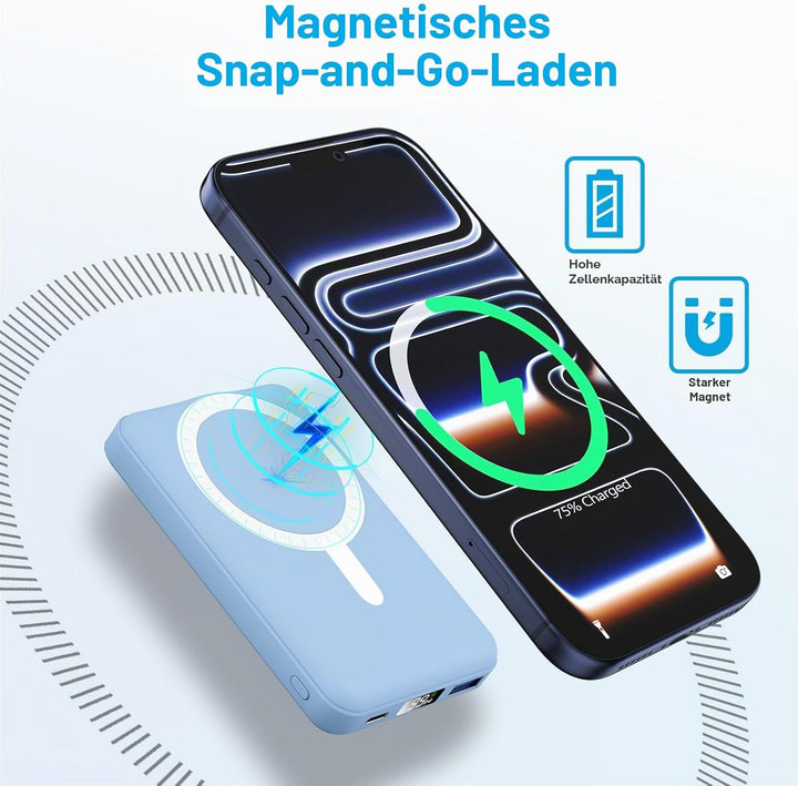 AOGUERBE for MagSafe Wireless Power Bank, Magnetische Powerbank 10000mAh mit USB C in&amp;Out, 22,5W Sch