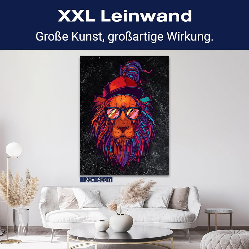 wandmotiv24 Leinwand-Bilder Löwen, Grösse 40x30cm, Hochformat, Funky Löwe, Hipster, Grunge, Katze, S