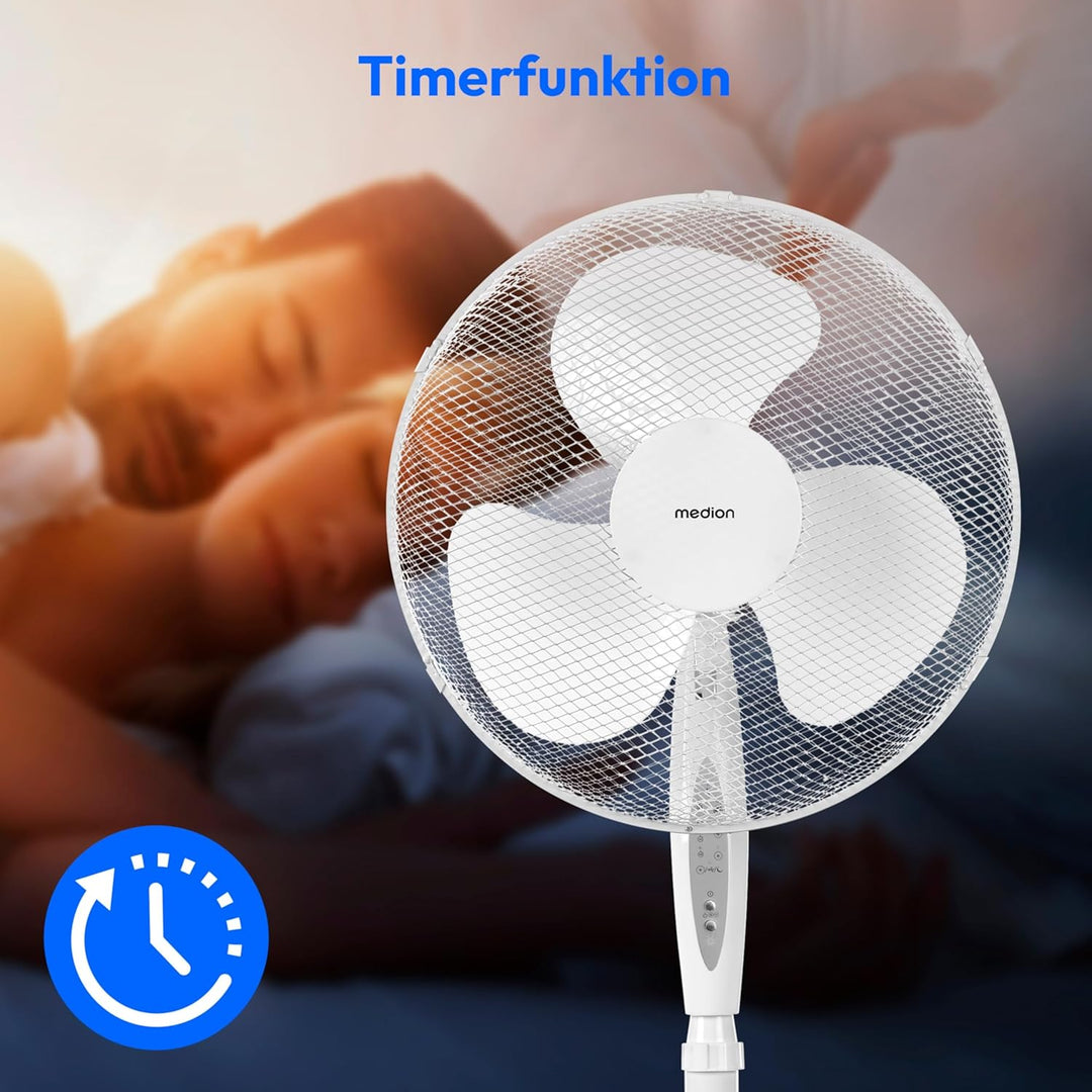 MEDION Standventilator mit Fernbedienung, drei Geschwindigkeitsstufen, 45 Watt Leistung, 36 cm, Schw
