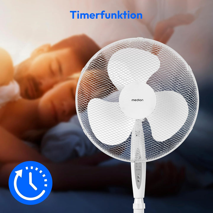 MEDION Standventilator mit Fernbedienung, drei Geschwindigkeitsstufen, 45 Watt Leistung, 36 cm, Schw