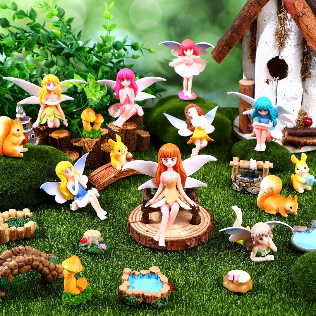 23 Stück Feengarten Zubehör Set Mini Fee Figuren Harz Pilze Hase Eichhörnchen Leuchtturm Brücken Min