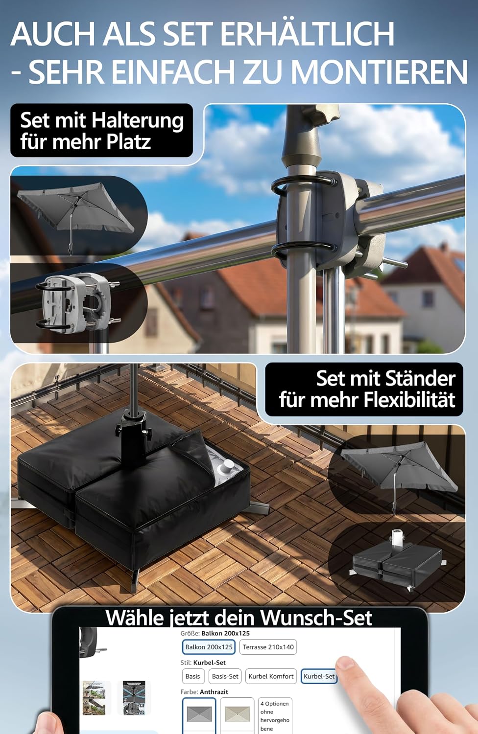 Menz SunnyShade Balkonschirm Roma mit Schutzhülle, Anthrazit, Sonnenschirm Balkon 200x125 cm, Sonnen