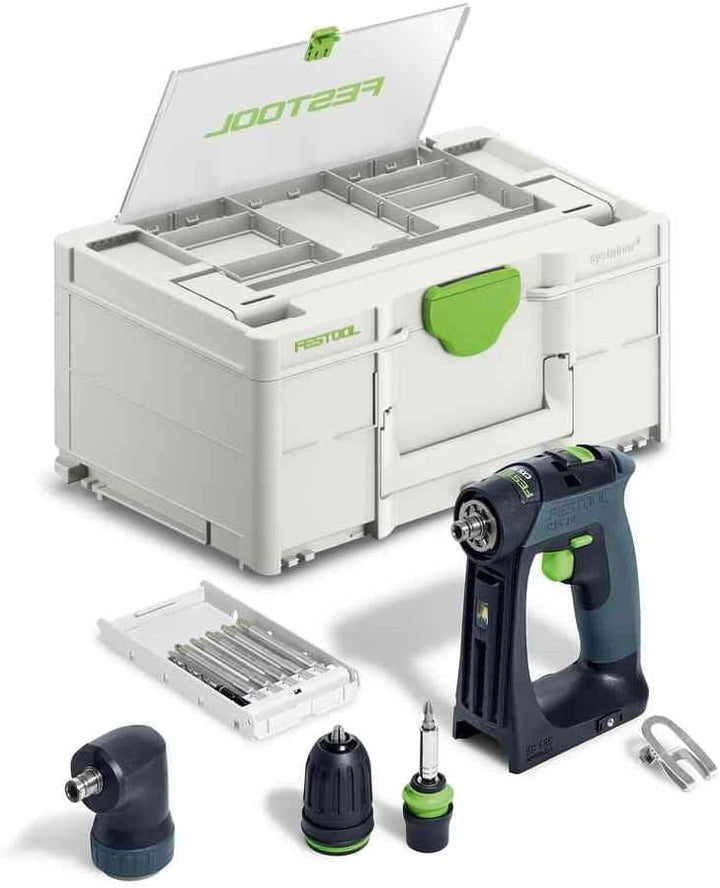 Festool – Akku-Bohrschrauber CXS 18-Basic-Set inkl. Magnet-Bithalter + Werkzeugfutter + Winkelvorsat