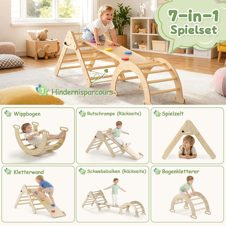 Froadp Klettergerüst Indoor 3-in-1 mit Rutsche und Kletterbogen Kletterdreieck aus Naturholz Klappba