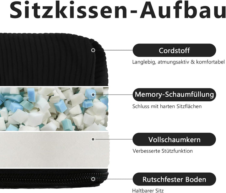 Sitzkissen, 2er Set Stuhlkissen aus Cordstoff, Memory Foam mit Doppel-Layer Design, Befestigungsriem