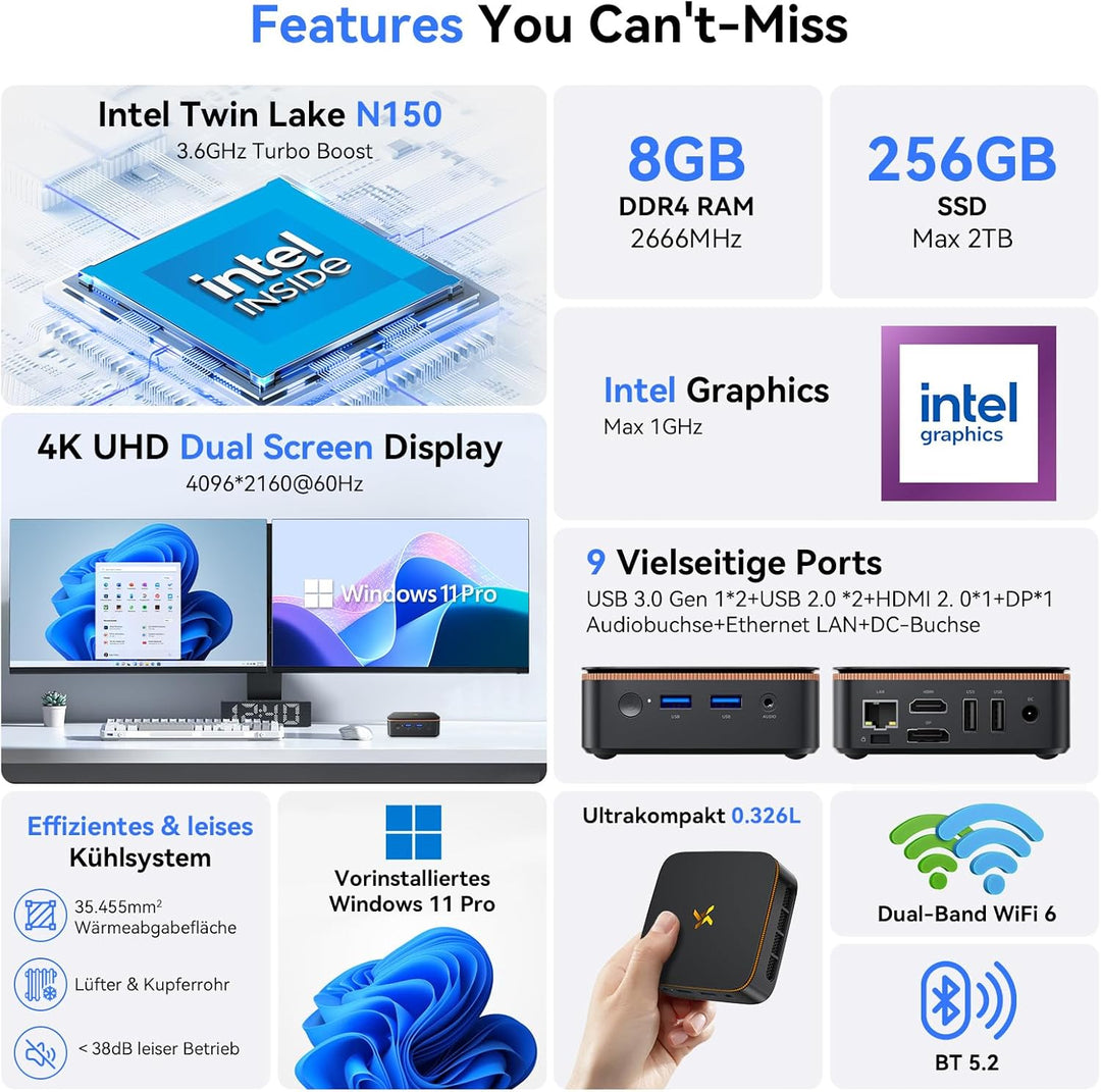 Huidun 2025 New H50 Mini PC W-11 Pro, 3 Jahre Garantie, Intel Twin Lake N150 (Aufgerüstet N97/N95, b