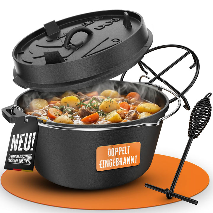 AMZBBQ® Premium Dutch Oven – Doppelt Eingebrannter Gusseisen Feuertopf – Rostbeständiger Schmortopf