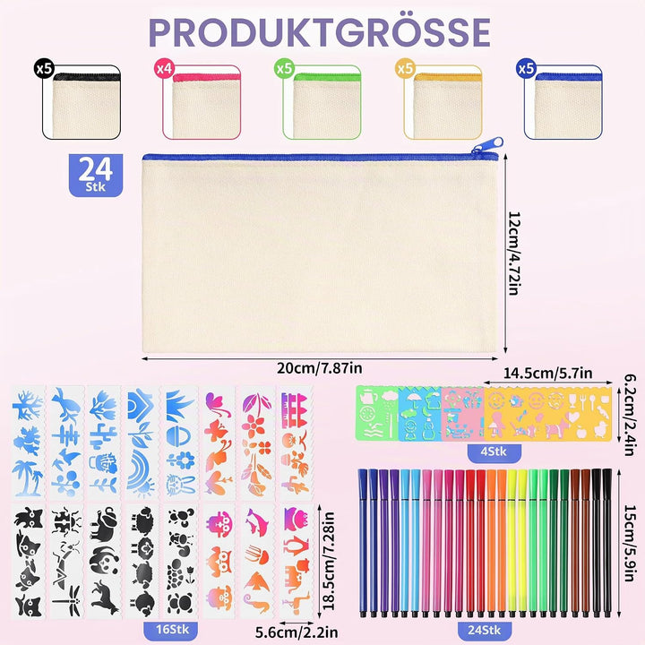 24 Stück DIY Stoff Federmäppchen, Leinwand Federmäppchen zum Bemalen, Mäppchen zum bemalen, 24 Bunts