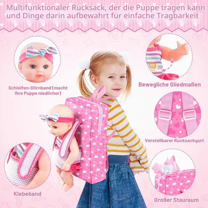 deAO 12”Baby Puppe, Spielpuppe mit Backbag, Handheld-Halterung, Tragbarer Schulranzen, Puppenkleidun