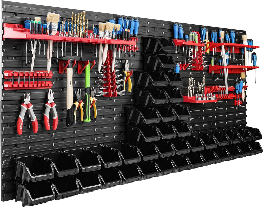 Lagersystem Werkstattregal | 172 x 78 cm | 40 stck. Box | Wandregal mit Werkzeughalterungen und Stap