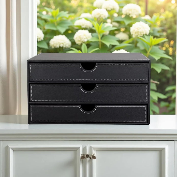 Desktop Leder Schreibtisch Schubladenbox mit 3 Schubladen a4,PU-Leder Schreibtisch organizer Box bür
