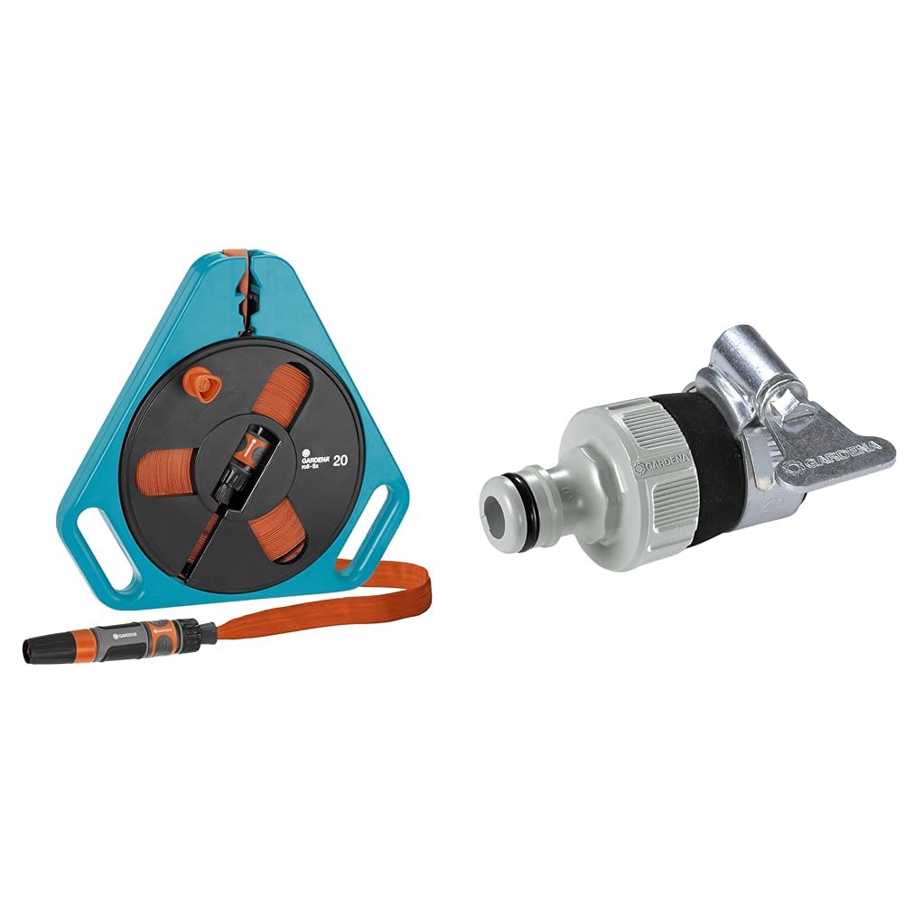 Gardena Classic roll-fix Flachschlauch 20 mit Kassette: Platzsparende Schlauchkassette & Wasserdieb: