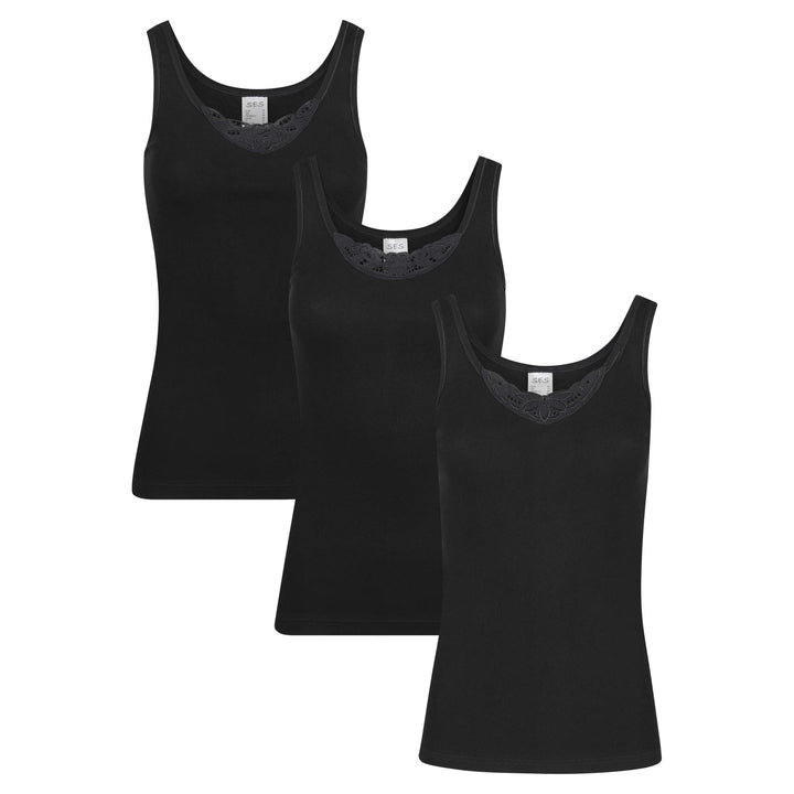 SES Top mit Spitze Damen 3er-Pack 34-52 aus 100% Baumwolle/Damen Unterhemden mit Spitze & weicher Fe