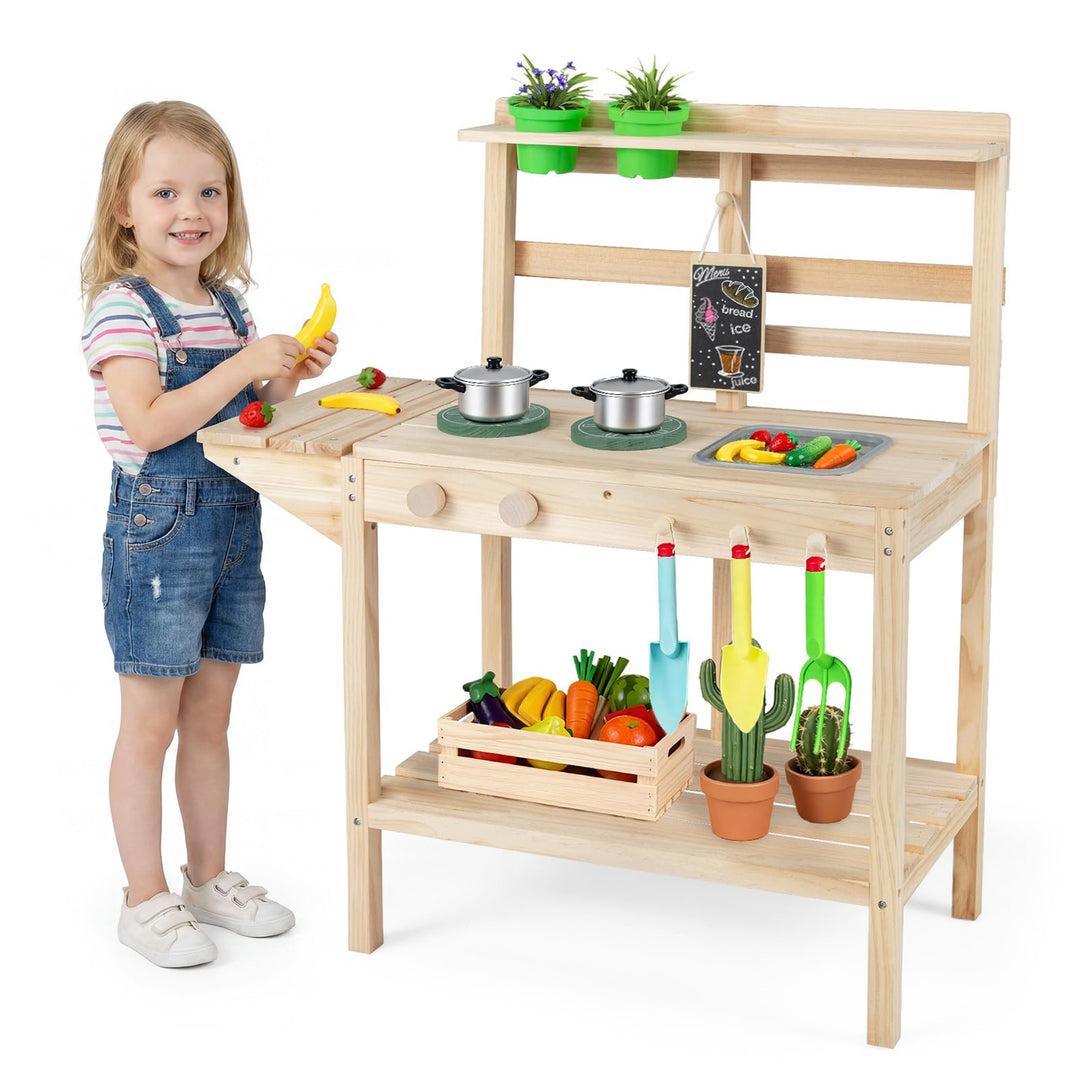 HOMASIS Kinderspielküche, Outdoor-Matschküche mit Herd, Spüle, Drehknöpfen und Kreidetafel, Kochspie