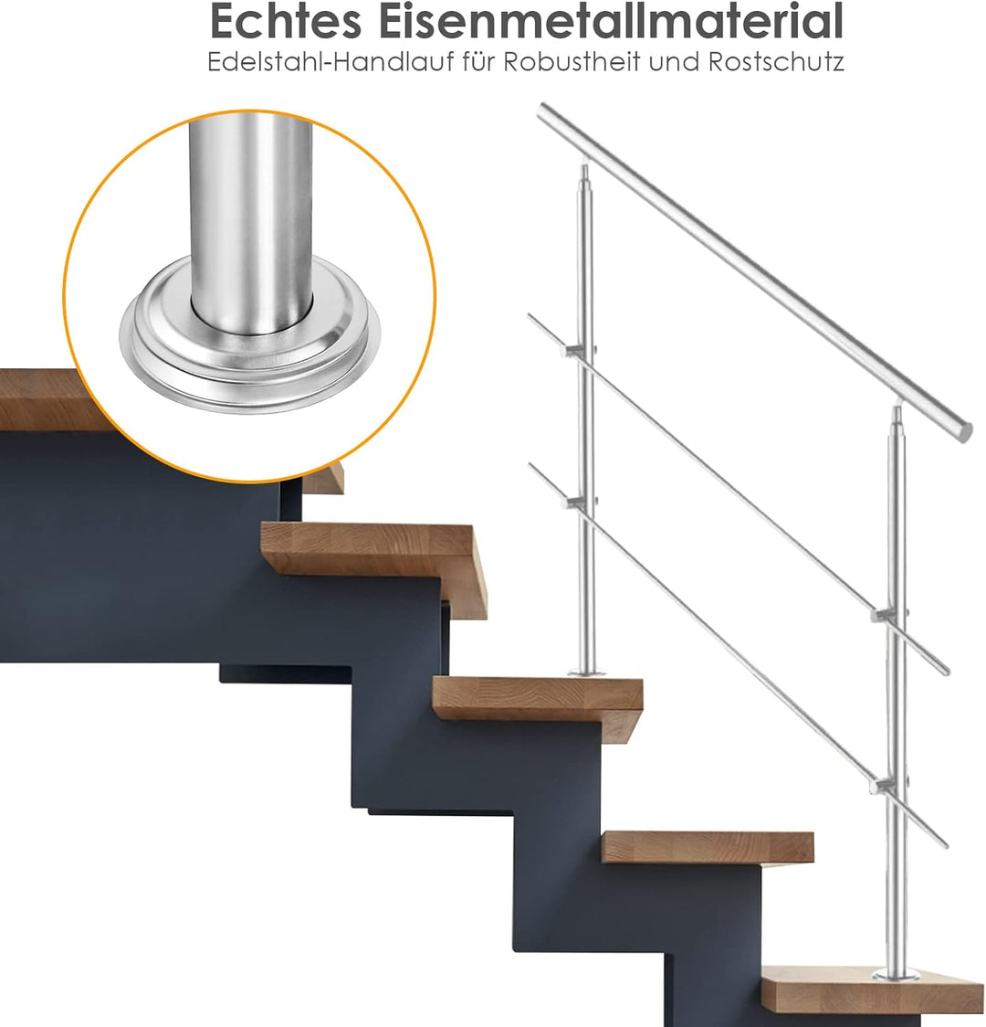 Joparri Treppengeländer 80cm mit 2 Querstreben, Edelstahl Handlauf Winkelverstellbar, Geländer für I
