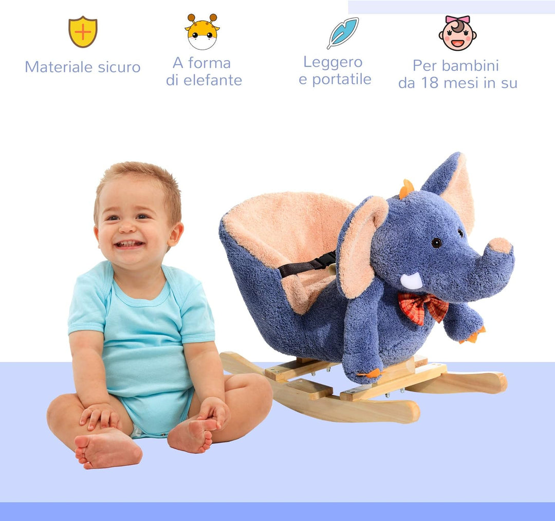 HOMCOM Schaukelpferd aus Holz Elefant für Kinder 60 x 33 x 45 cm Blau Elefant, Blau Elefant