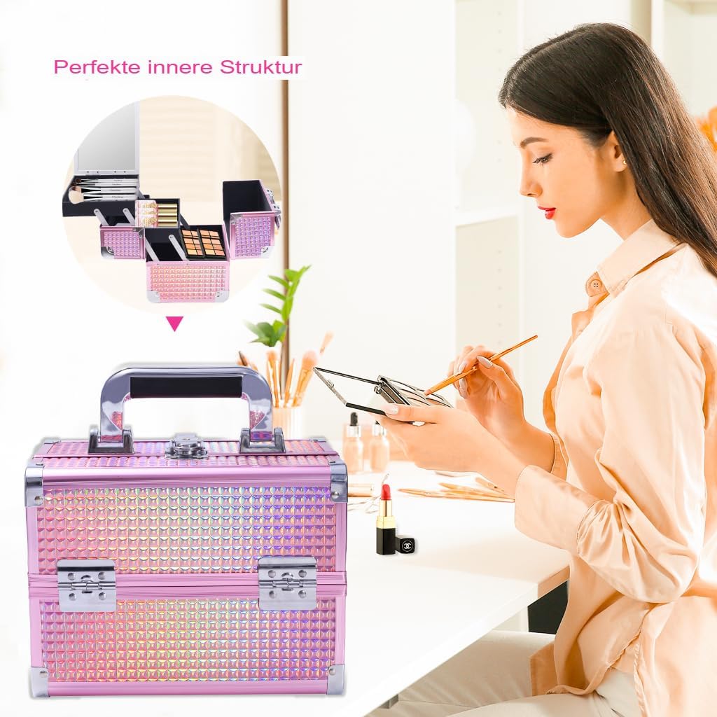 Kosmetikkoffer Aluminium Schminkkoffer mit Spiegel, Tragegriff & Schloss, Multifunktional Make-up Be