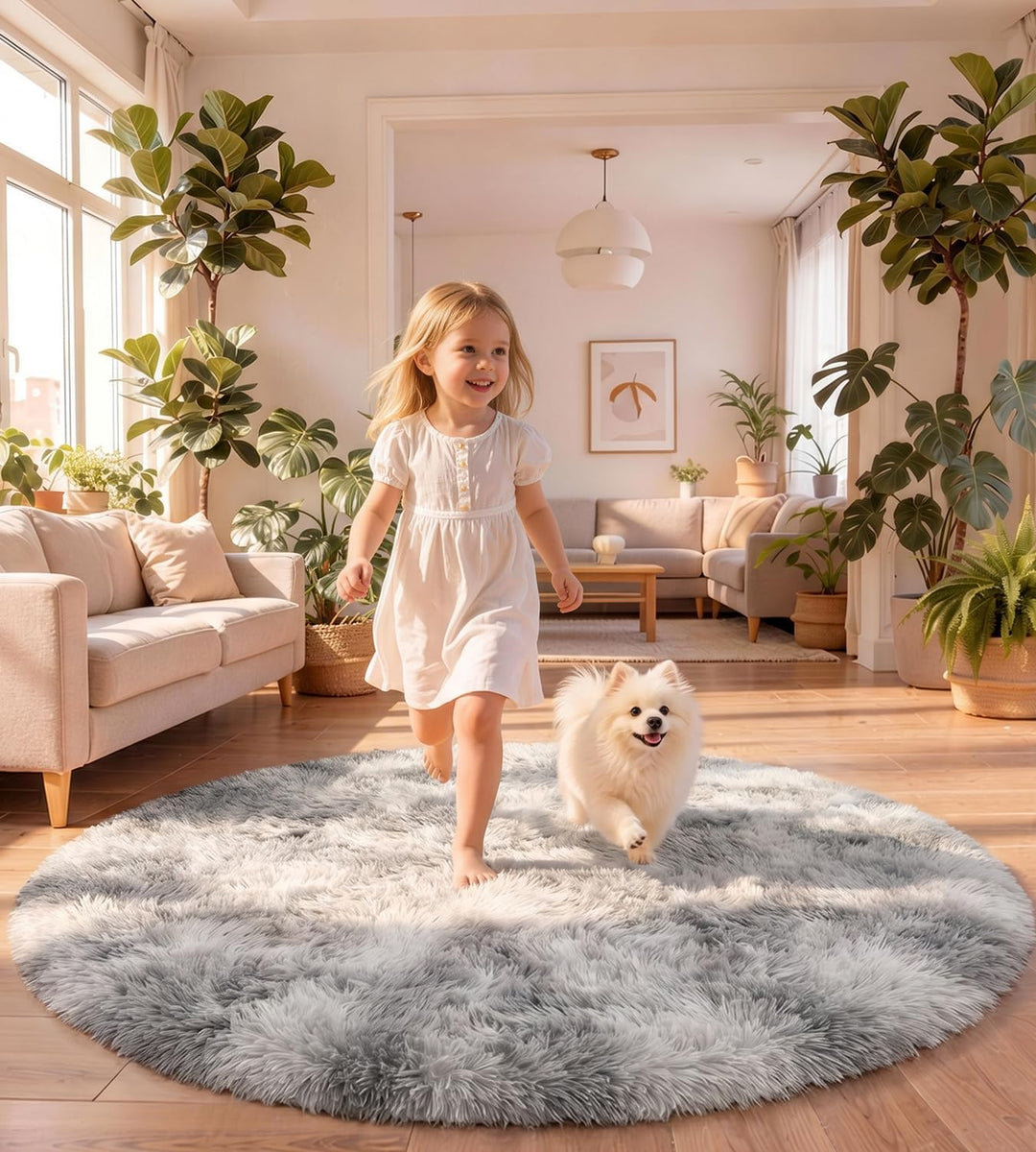 Teppich Rund Wohnzimmer 150 cm Hellgrau Schlafzimmer Hochflor-Teppich Waschbarer Anti-Rutsch Weicher