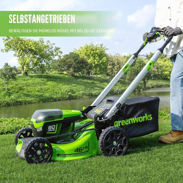 Greenworks Pro 60V 46cm Bürstenloser Akku-Rasenmäher, Selbstfahrend, Schnitthöhe 25-85mm, Klappbarer