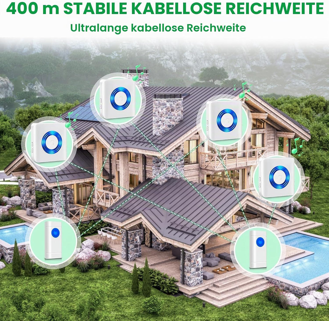 Funkklingel Aussen Wasserdicht, 4 Empfänger und 2 Sender, Satisure Türklingel Funk Set, 400m/1300ft