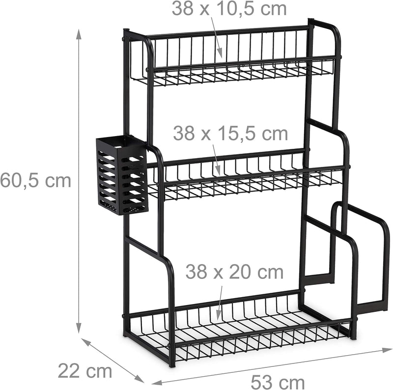 Relaxdays Küchenregal für Arbeitsplatte, 3 Ebenen, mit Brettchenhalter & Besteckhalter, Gewürzregal,