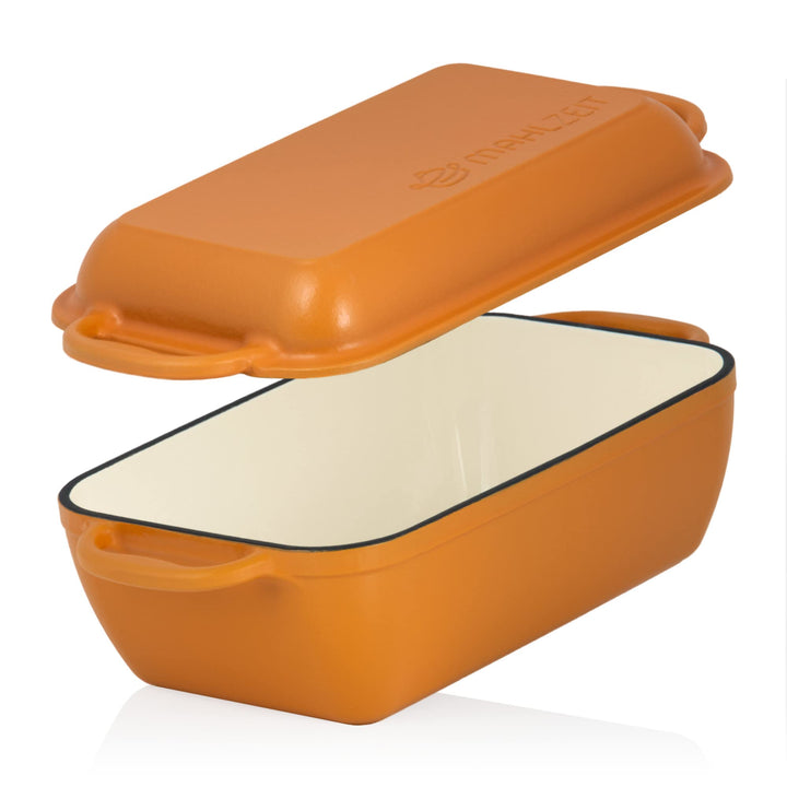 Mahlzeit Gusseisen Bräter mit Deckel emailliert | 4,8 Liter | Sunny Orange | Bräter 2in1 mit Bratpfa