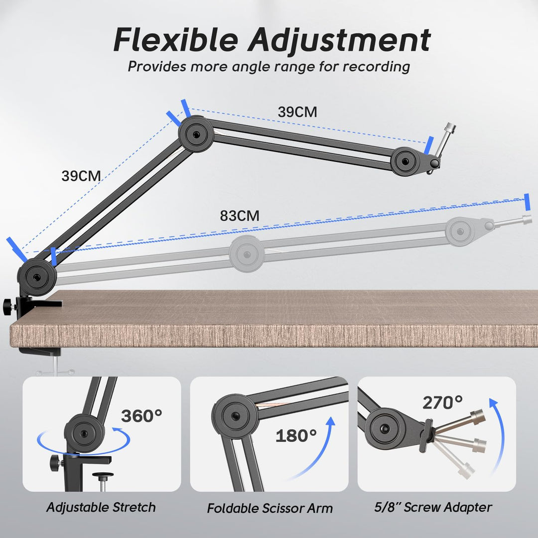 FIFINE Mikrofon Arm, Einstellbarer Mikrofon Ständer, 3/8" bis 5/8" Adapter, Mikrofonclip, DREI Kabel