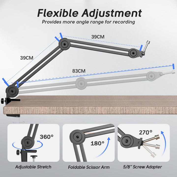 FIFINE Mikrofon Arm, Einstellbarer Mikrofon Ständer, 3/8" bis 5/8" Adapter, Mikrofonclip, DREI Kabel