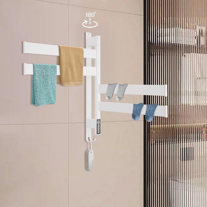 Weiss Edelstahl Beheizter Handtuchhalter, 180° Schwenkbares Elektrischer Handtuchwärmer mit 4 Stäben