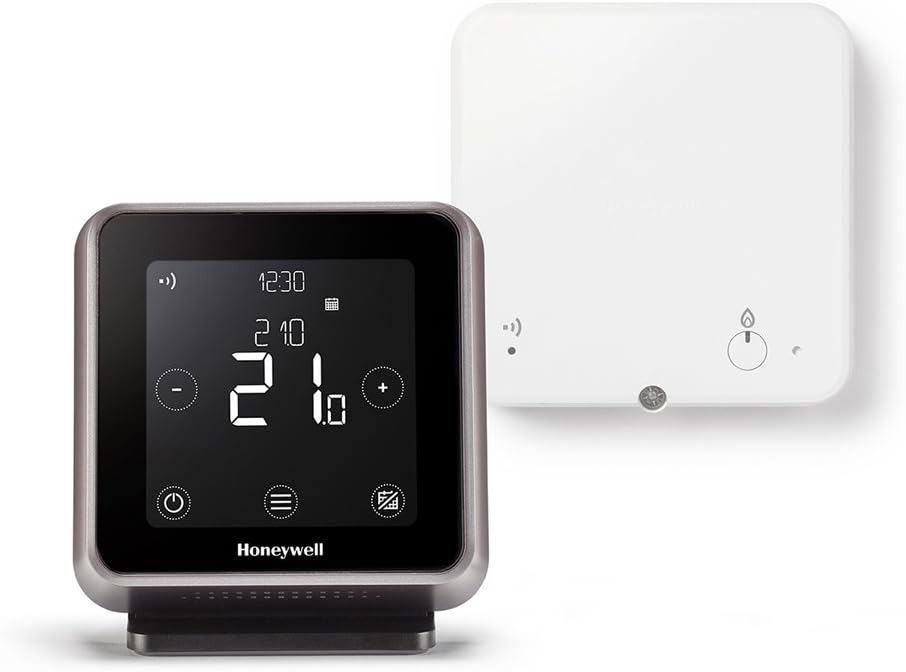 Honeywell Home T6R Wi-Fi Raumthermostat mit Tischhalter, Netzteil und Funk-Empfängerbox, schwarz, Y6