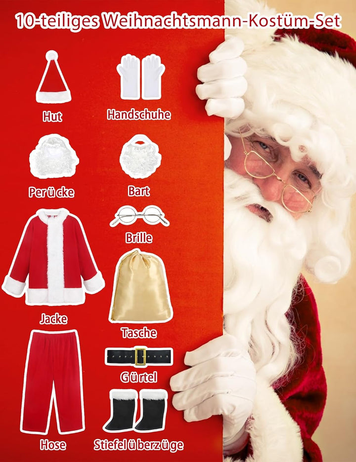 Ahititi Weihnachtsmann Kostüm für Männer Deluxe Erwachsene Santa Anzug Herren Rot 10 teilig Professi