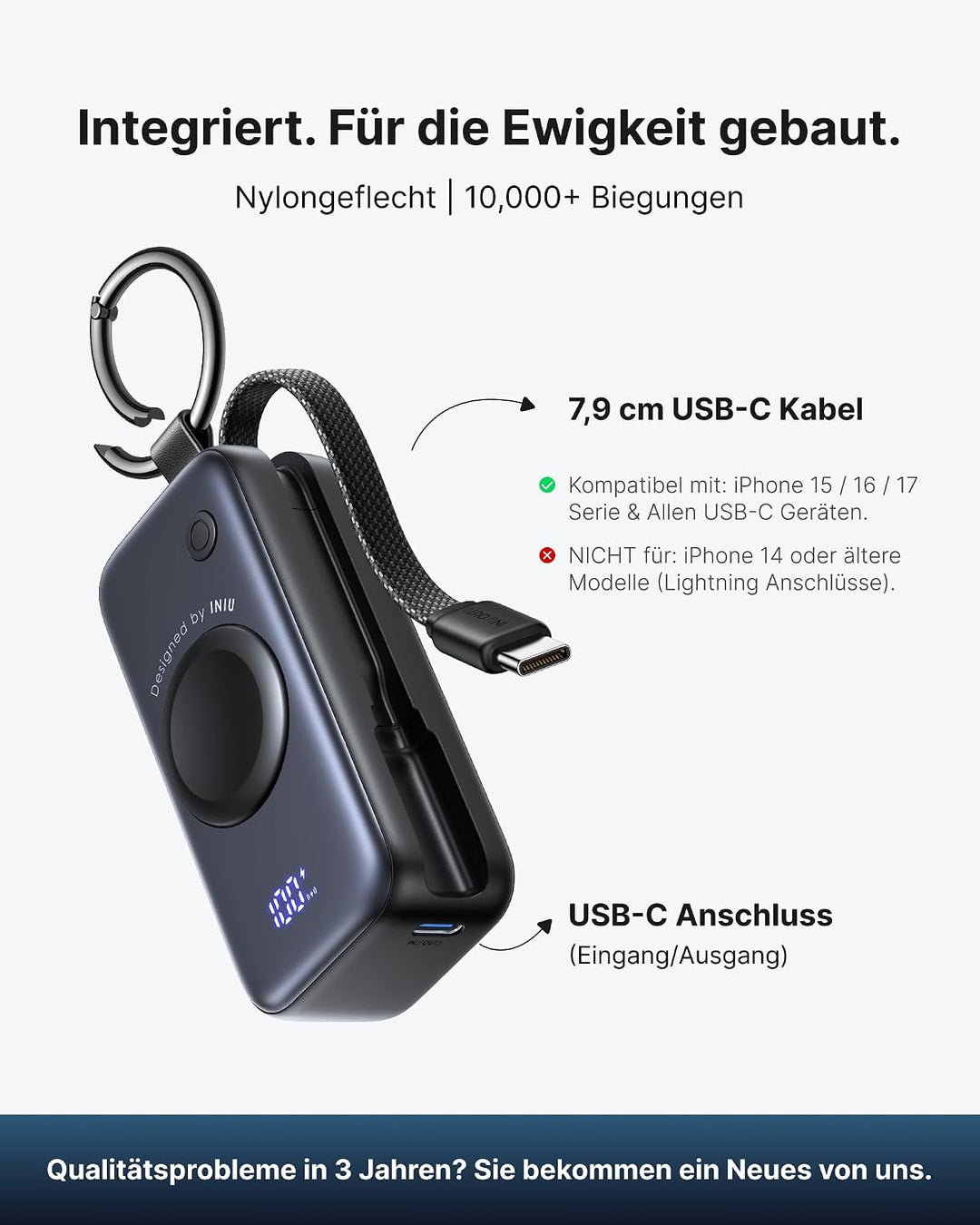 INIU Power Bank, 5000mAh 20W PD mini Powerbank mit Integriertes USB-C Kabel, Zubehör für Apple Watch