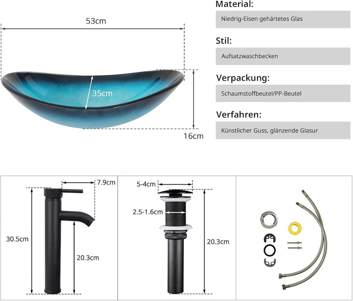 ARTETHYS Waschbecken Glas Aufsatzwaschbecken mit Wasserhahn Ablaufgarnitur, Oval Waschschale Waschti