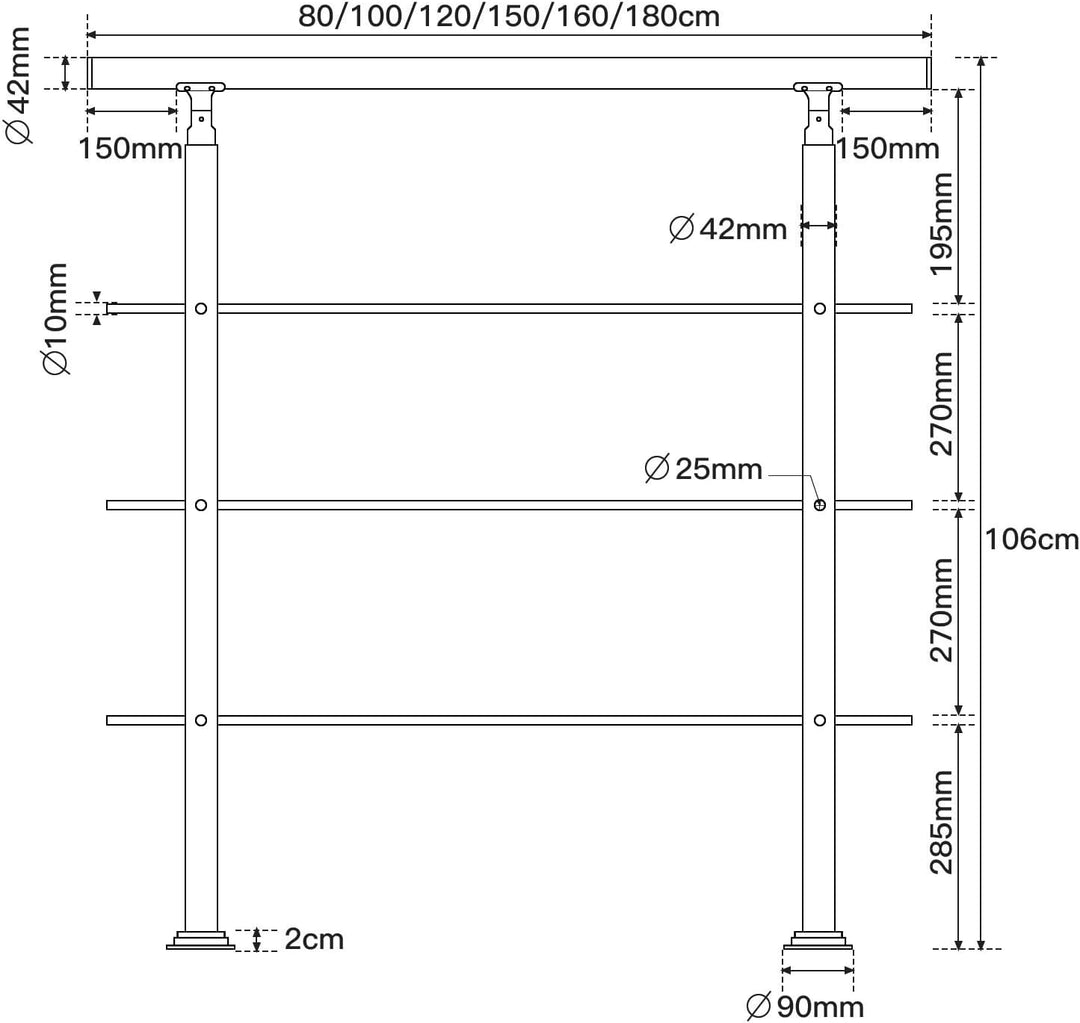 Ikodm Handlauf Edelstahl Treppengeländer Aussen &amp; Innen 150 cm, Ø42mm mit 3 Querstreben und Zubehör,