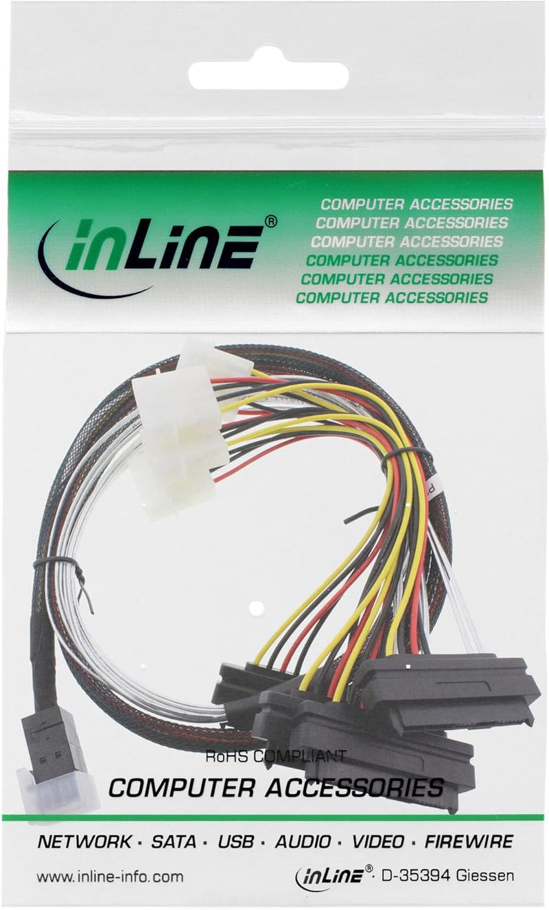 InLine 27632B Mini SAS HD Kabel, SFF-8643 zu 4x SFF-8482 (29-pol.) + Strom, 1m