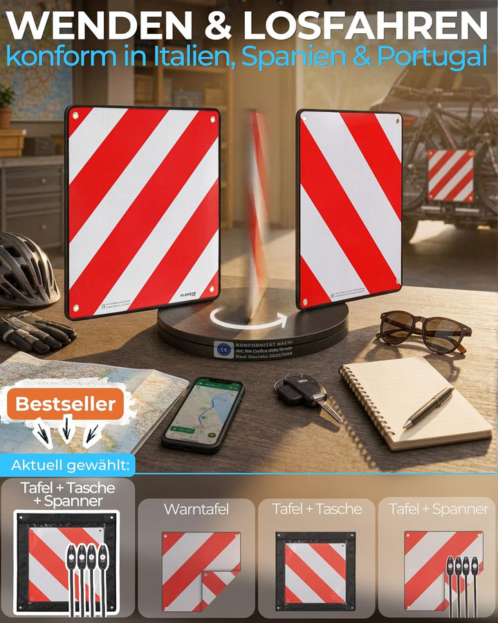 PLANGER® - Warntafel Italien und Spanien (Schild + Tasche + Spanner) 2in1 (50 x 50 cm) - Reflektiere