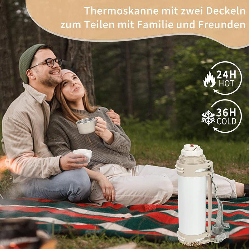 Thermosflasche 1,2L, Thermoskanne mit 2 Becher, Doppelwand aus Edelstahl Isolierflasche, Auslaufsich
