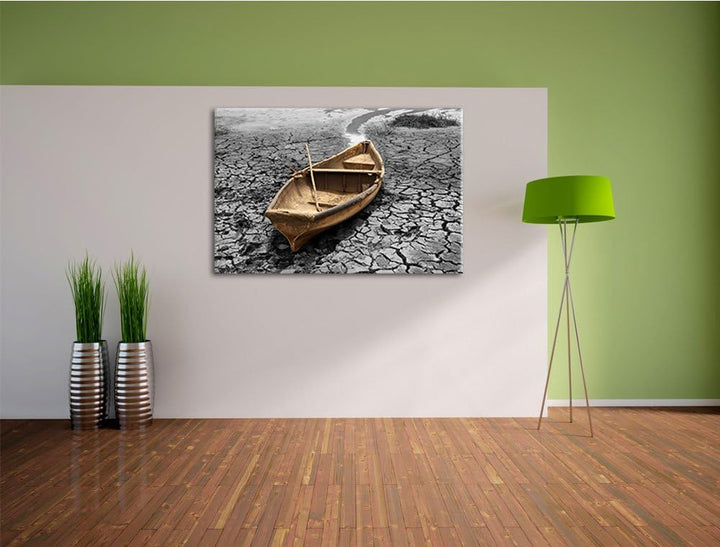 Ausgetrockenter Fluss mit Boot schwarz/weiss Format: 100x70 cm auf Leinwand, XXL riesige Bilder fert