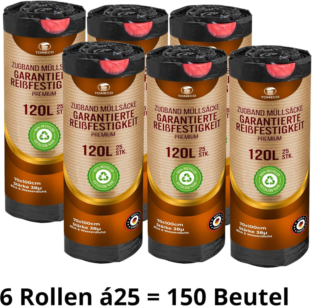 Müllsäcke 120L Schwarz - MIT ZUGBAND - 100% Recycelt - XXL Mülltüten (50 bis 1000 Säcke wählbar) (15