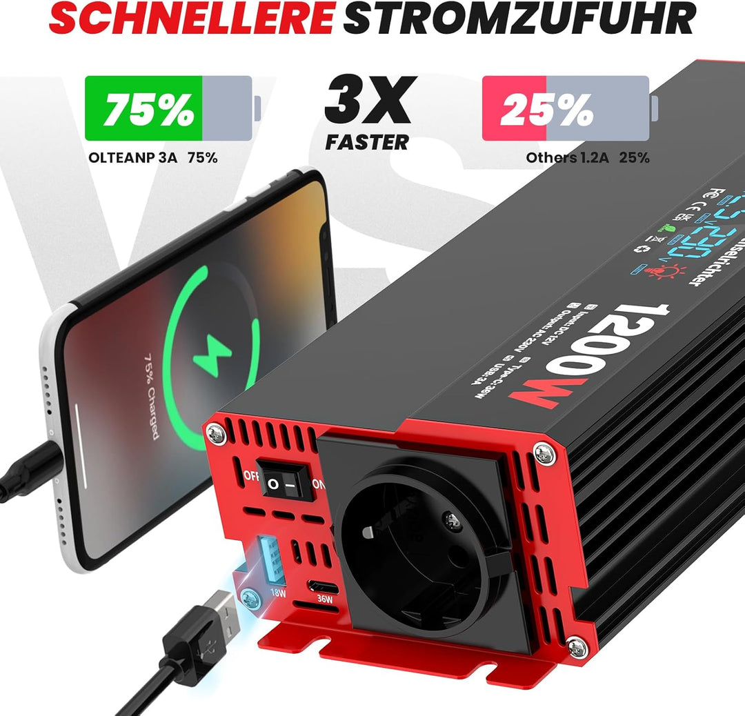 OLTEANP Wechselrichter 12V auf 230V Reiner Sinus,Spannungswandler 1200W Inverter mit LCD-Bildschirma