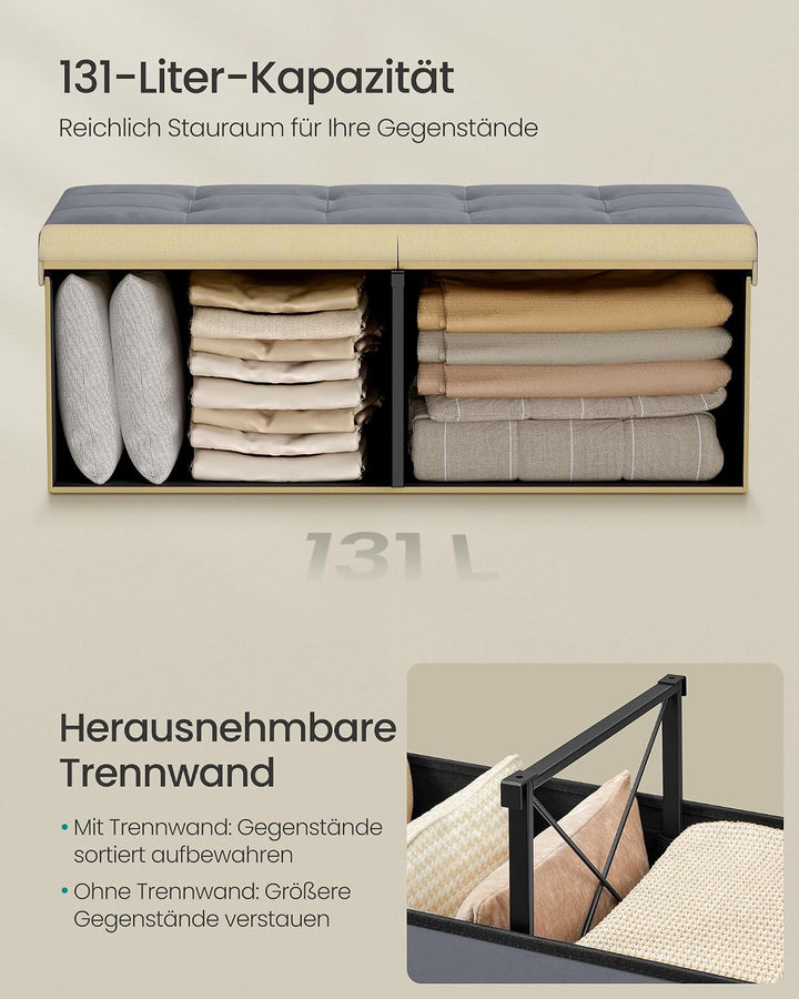 SONGMICS Sitzbank mit Stauraum, klappbare Sitztruhe, 38 x 110 x 38 cm | Aufbewahrungsbox, Deckel kla