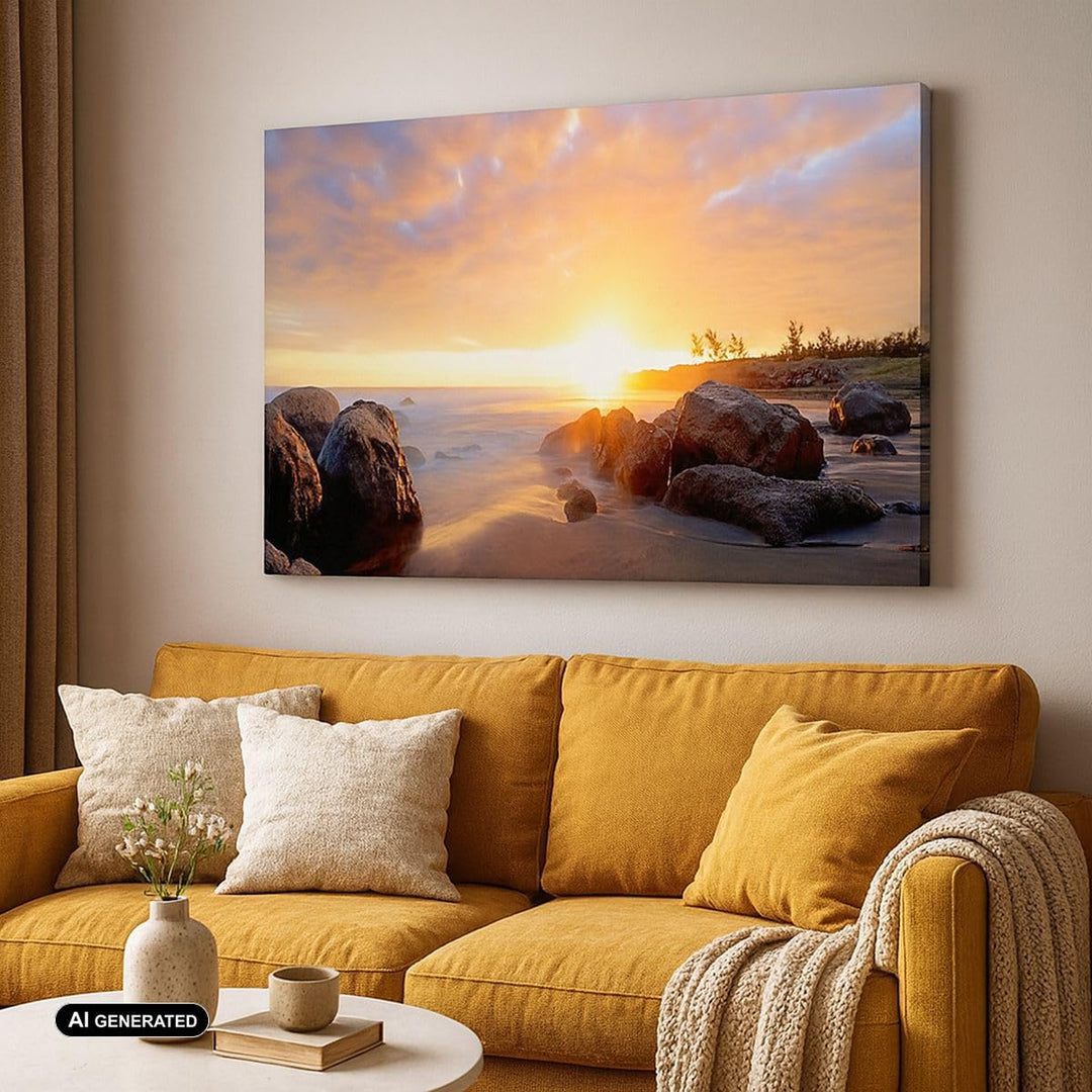 Bilder auf Leinwand Meer Strand Felsen Leinwandbild mit Rahmen 70x50cm Wandbilder Dekoration Wohnzim