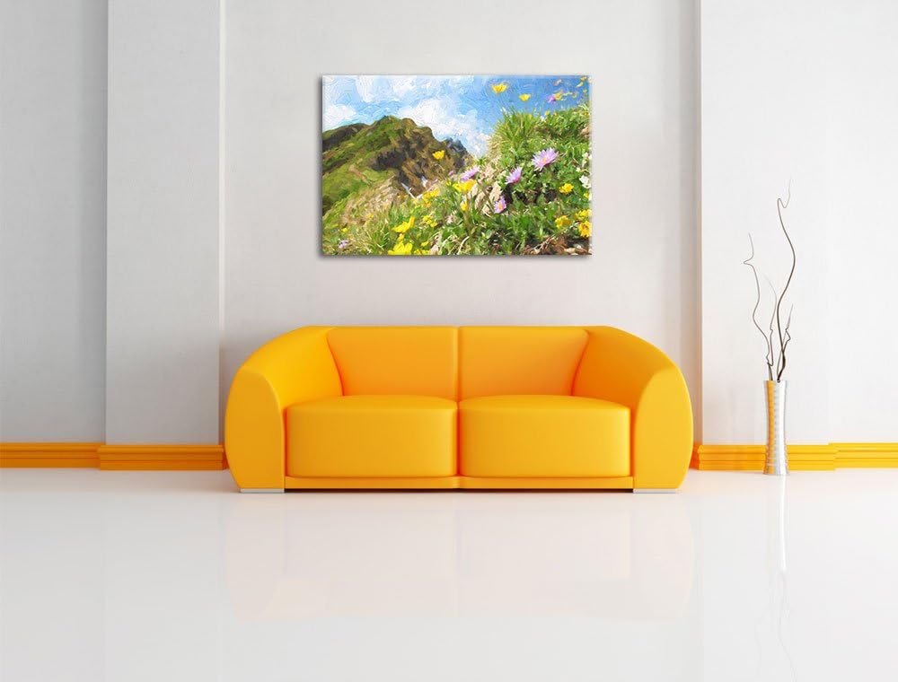 Pixxprint Bergwiese im Frühling als Leinwandbild/Grösse: 100x70 cm/Wandbild/Kunstdruck/fertig bespan