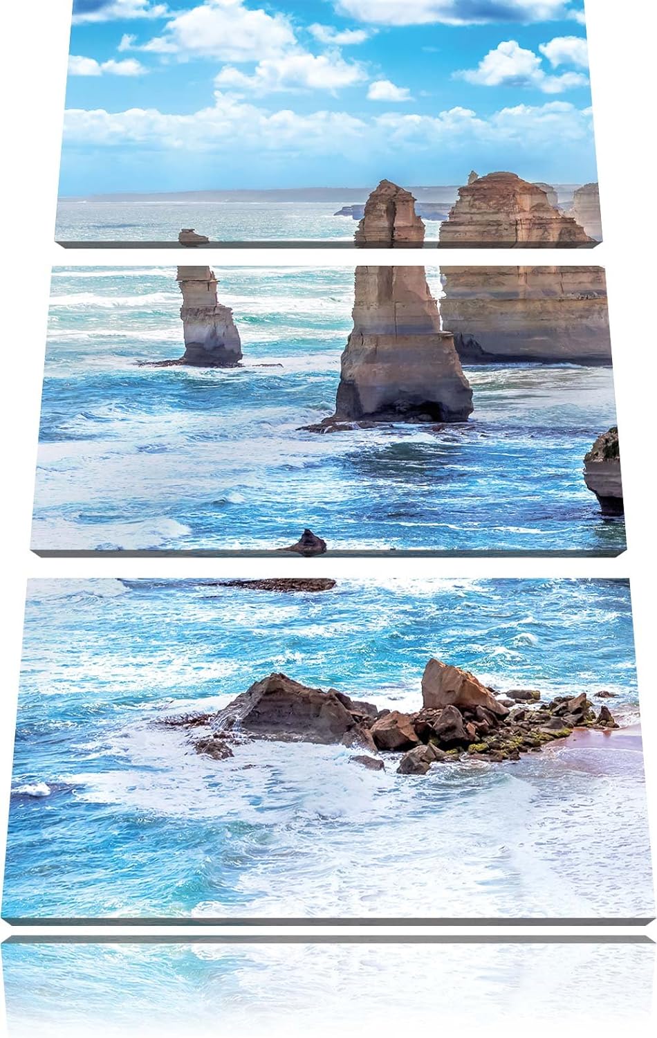Pixxprint Meer klippe küste Sonnenaufgang Steine Strand 3-Teiler Leinwandbild 120x80 Bild auf Leinwa