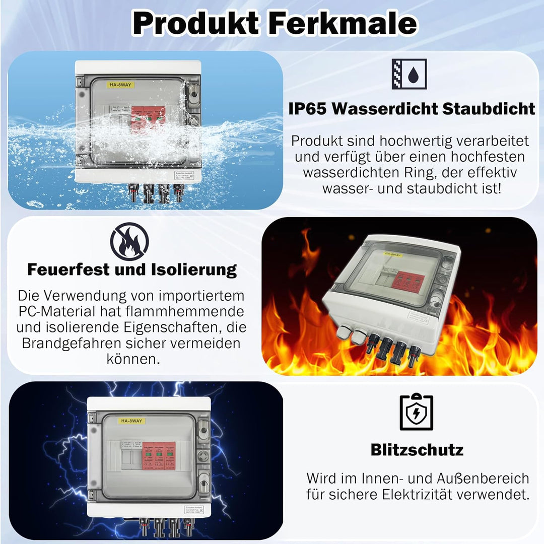 Warmfay Überspannungsschutz PV Solar Blitzschutz 1000V DC 32A T2, PV Anschlusskasten 1 String 6 Modu