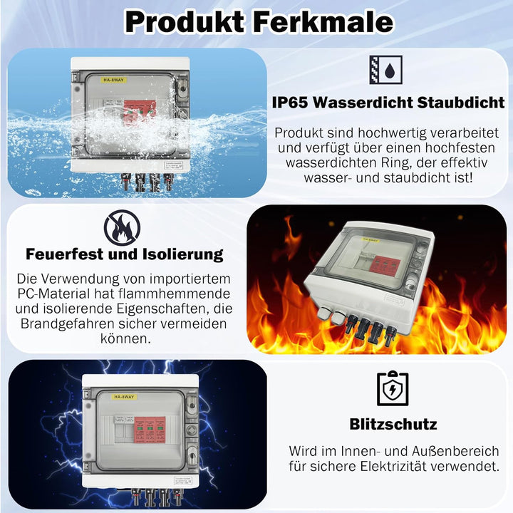 Warmfay Überspannungsschutz PV Solar Blitzschutz 1000V DC 32A T2, PV Anschlusskasten 1 String 6 Modu