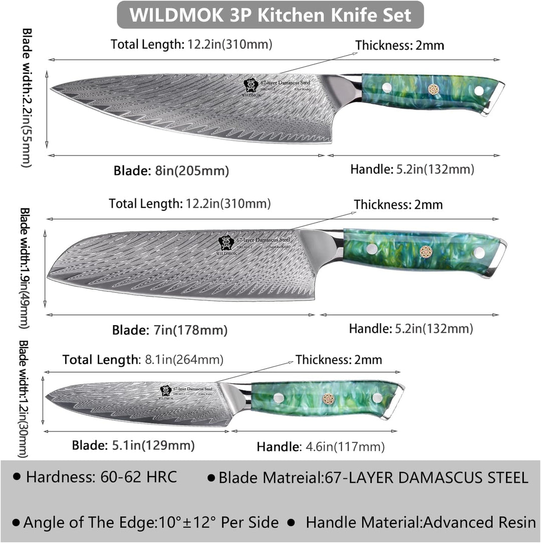 WILDMOK Professionelles Küchenmesser-Set, 3-teilig, Kochmesser-Set aus Damaststahl, 3-teilig, ultras