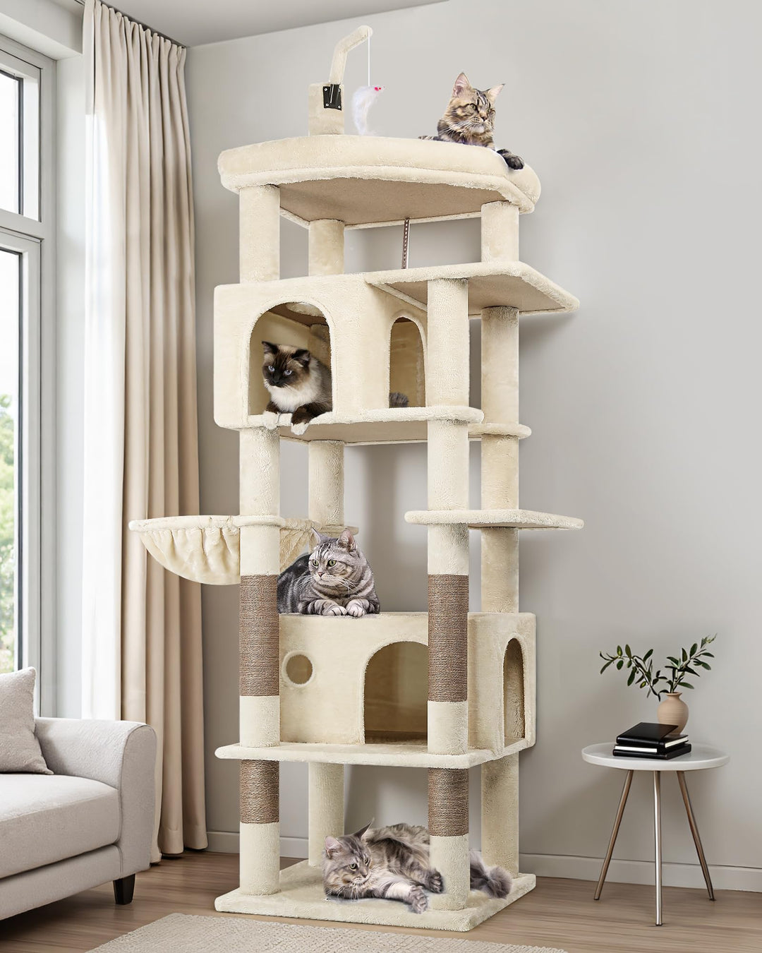 Globlazer Kratzbaum Beige Grosse hoch 188 cm mit 2 Gross Katzenhaus, Grosse Gepolsterte Plattform, W