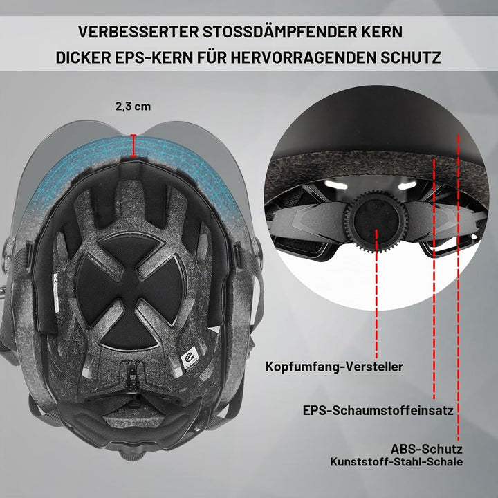 Fahrradhelm Herren, Damen Helm mit Magnetischem Visier Abnehmbarer Sonnenschutzkappe und Grössenvers
